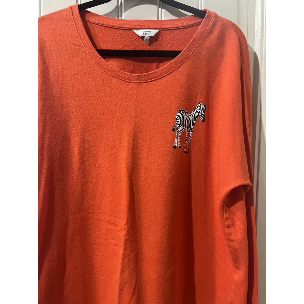 Zebra Print Statement Tee Long Sleeve Orange Large Animal Graphic Top Y2K Size L